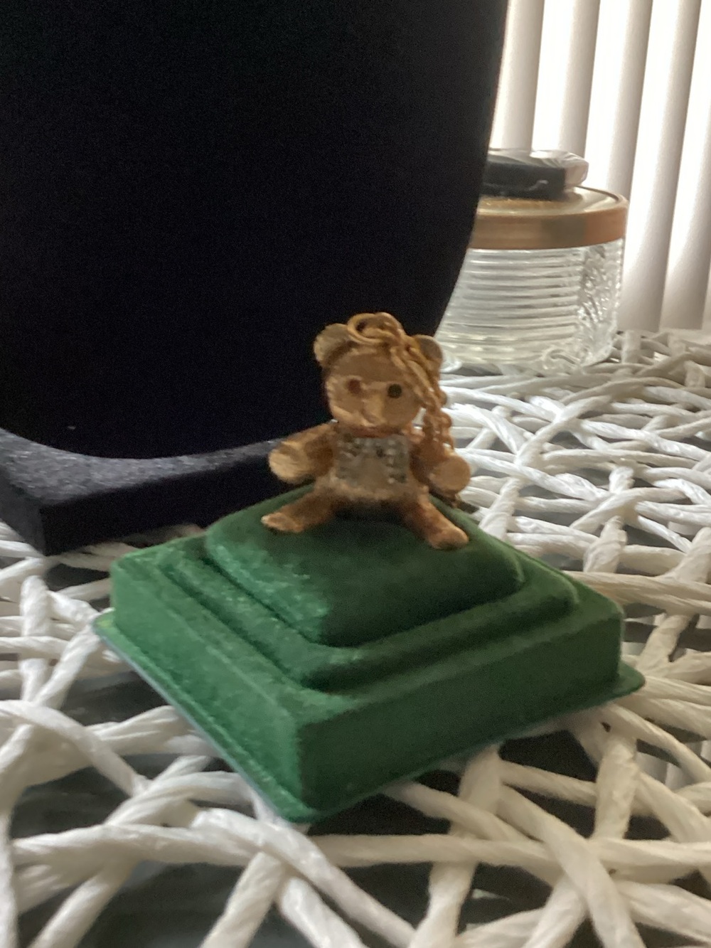 Gold Teddy Bear Figurine on Green Velvet Display by Max Factor Perfume Necklace.